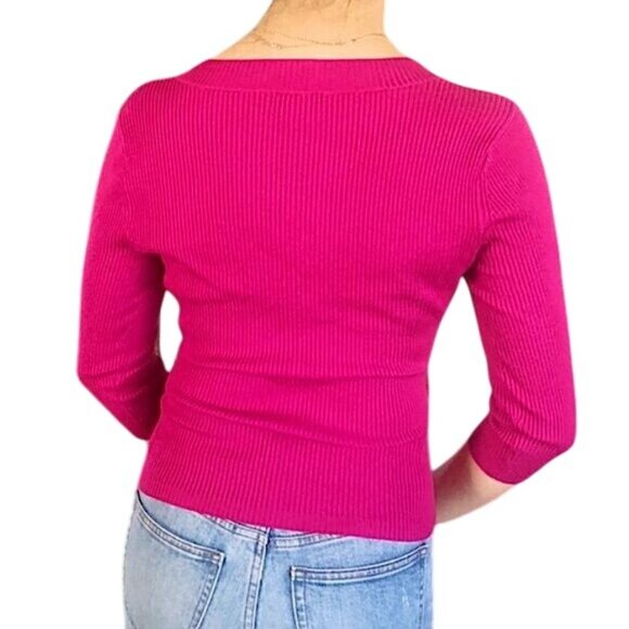 NEW YORK & CO.- WOMEN PULLOVER V-NECK BELTED KNIT SWEATER TOP-MAGENTA SIZE SMALL - Picture 2 of 4